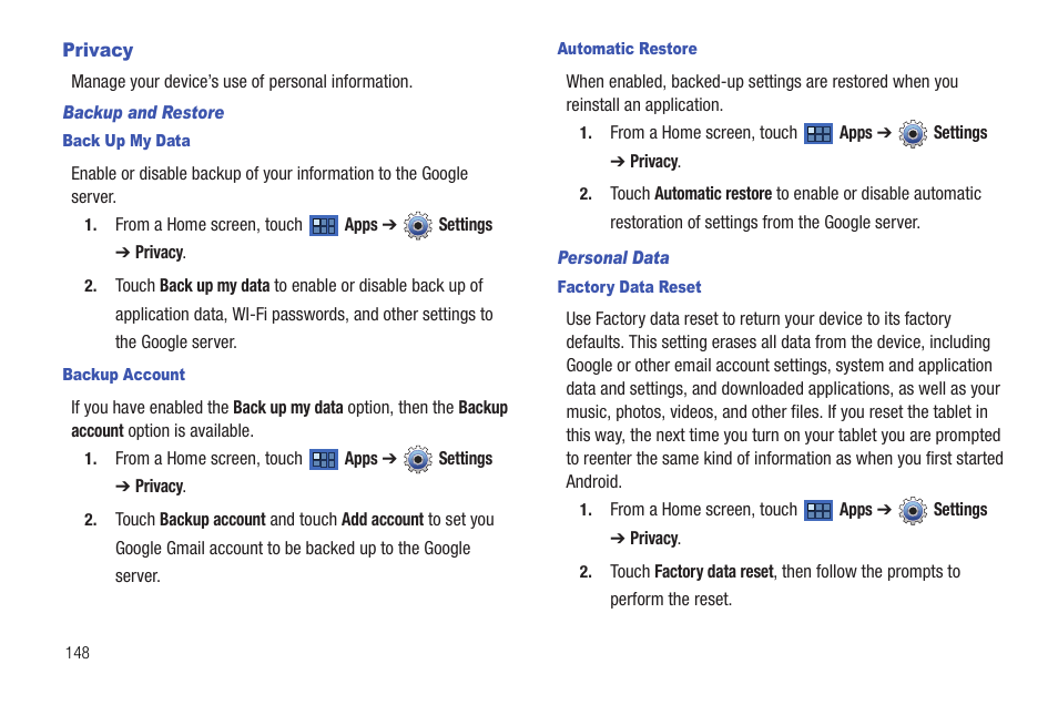 Privacy | Samsung Galaxy Tab 8.9 User Manual | Page 152 / 188