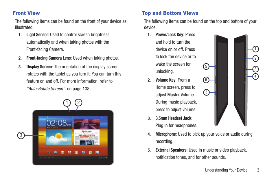 Front view, Top and bottom views, Front view top and bottom views | Samsung Galaxy Tab 8.9 User Manual | Page 17 / 188