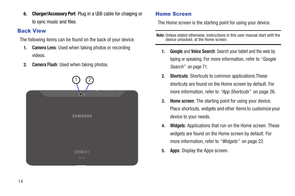 Back view, Home screen, Back view home screen | Samsung Galaxy Tab 8.9 User Manual | Page 18 / 188