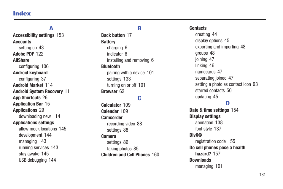 Index | Samsung Galaxy Tab 8.9 User Manual | Page 185 / 188