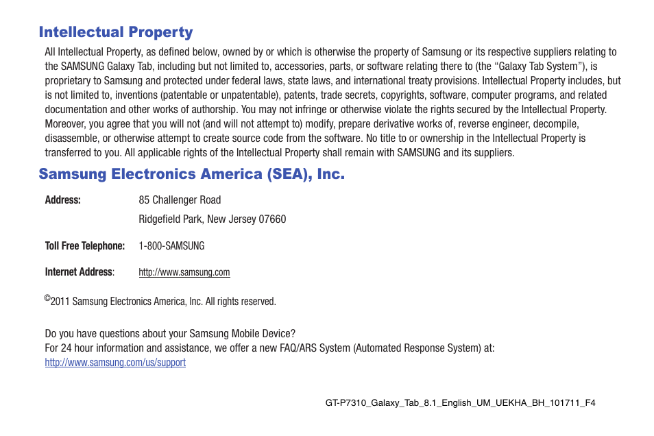 Intellectual property, Samsung electronics america (sea), inc | Samsung Galaxy Tab 8.9 User Manual | Page 2 / 188