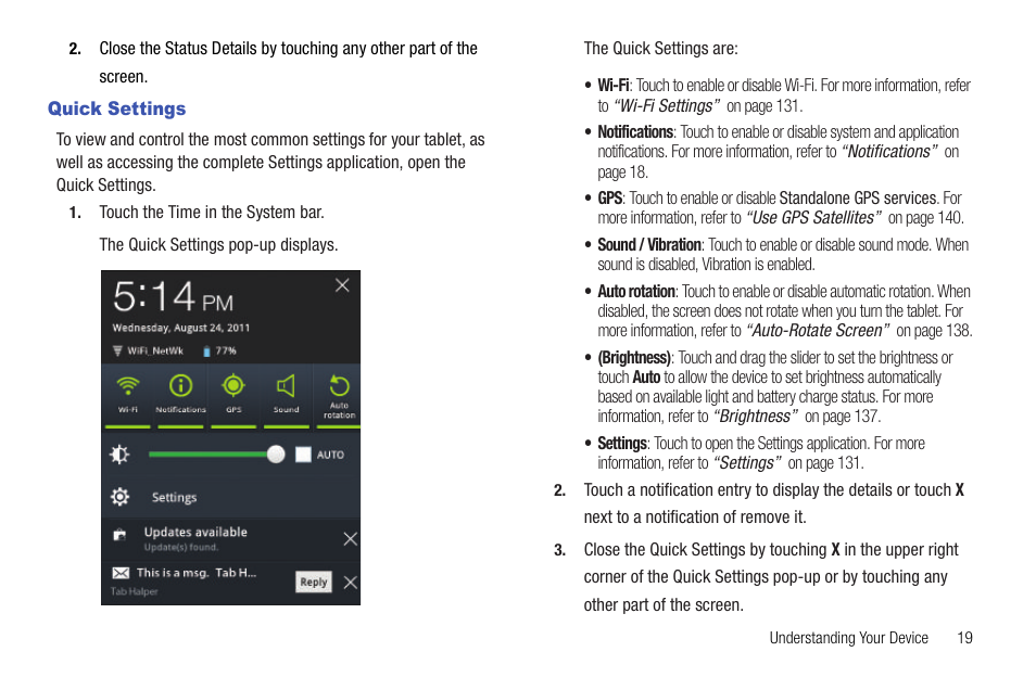 Quick settings | Samsung Galaxy Tab 8.9 User Manual | Page 23 / 188