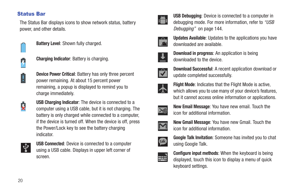Status bar | Samsung Galaxy Tab 8.9 User Manual | Page 24 / 188