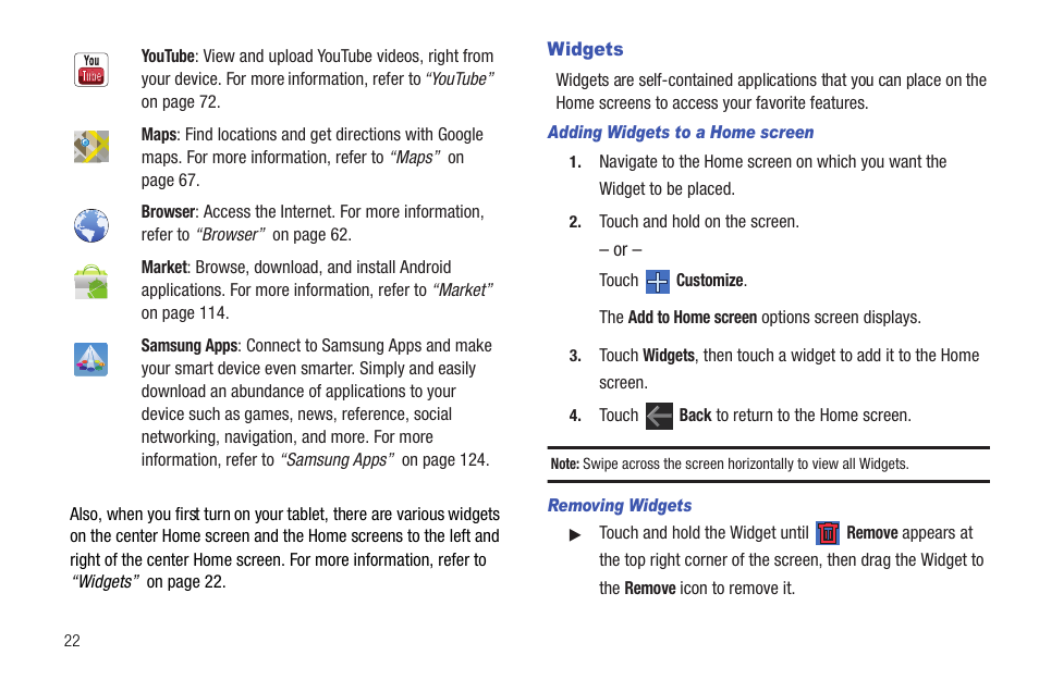 Widgets | Samsung Galaxy Tab 8.9 User Manual | Page 26 / 188