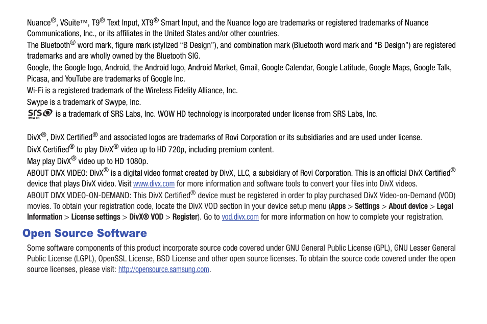 Open source software | Samsung Galaxy Tab 8.9 User Manual | Page 3 / 188