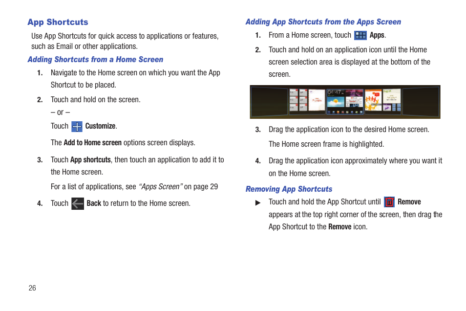 App shortcuts, Shortcuts, For more information, refer to “app shortcuts | Samsung Galaxy Tab 8.9 User Manual | Page 30 / 188