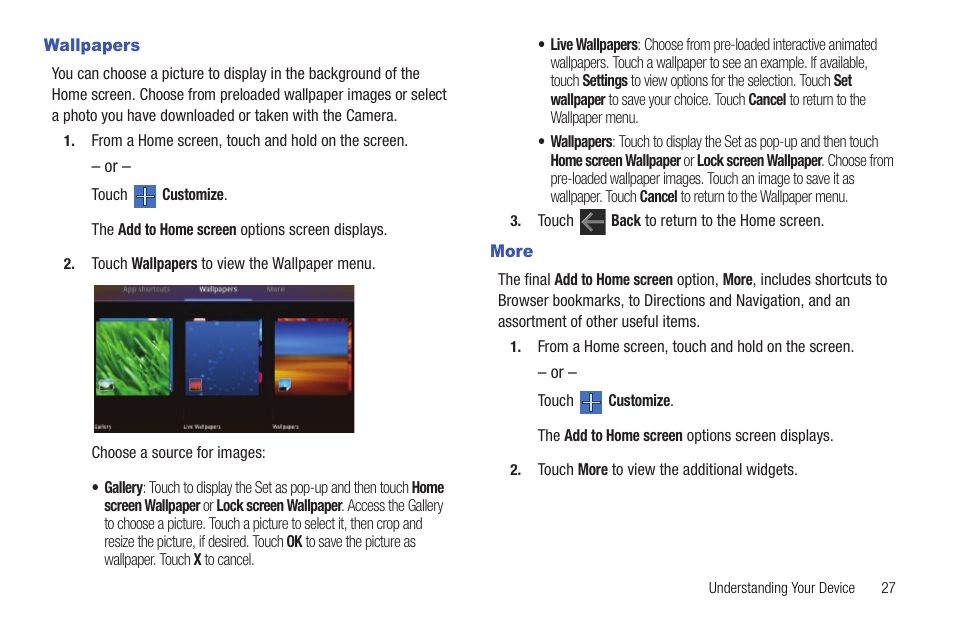 Wallpapers, More, Wallpapers more | For more information, refer to “wallpapers” on | Samsung Galaxy Tab 8.9 User Manual | Page 31 / 188