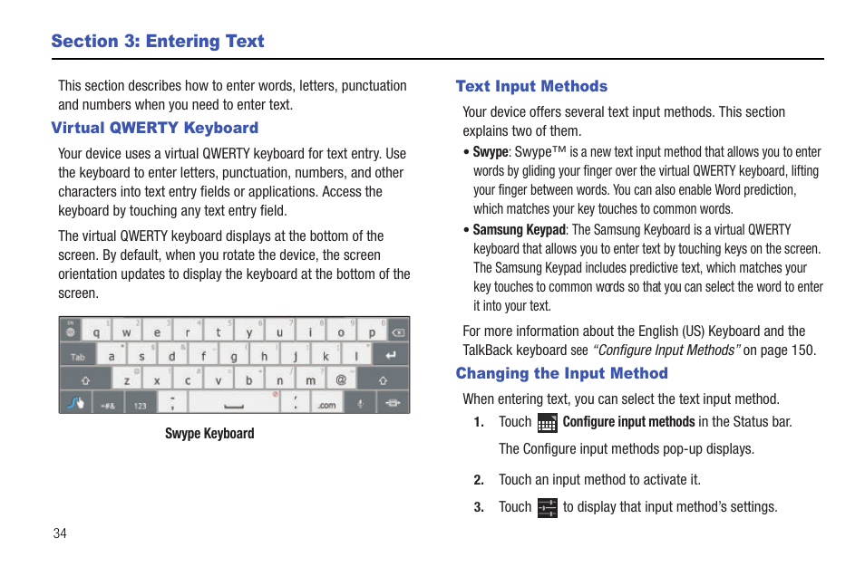 Section 3: entering text, Virtual qwerty keyboard, Text input methods | Changing the input method | Samsung Galaxy Tab 8.9 User Manual | Page 38 / 188