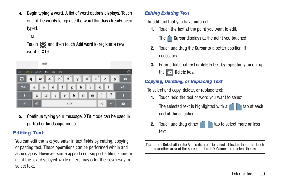 Editing text | Samsung Galaxy Tab 8.9 User Manual | Page 43 / 188