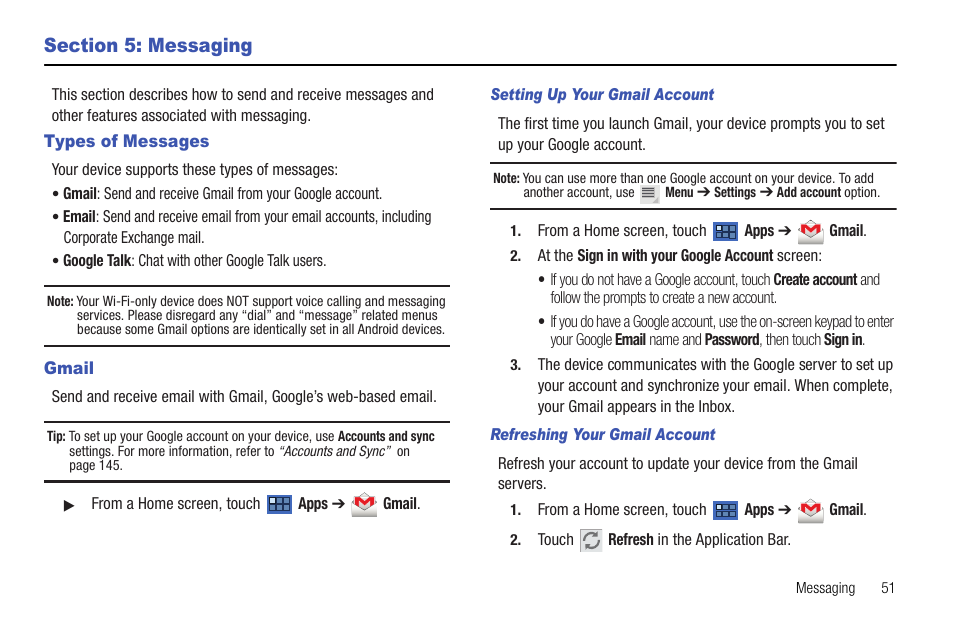 Section 5: messaging, Types of messages, Gmail | Types of messages gmail, For more information, refer to, Based email. for more information, refer to “gmail | Samsung Galaxy Tab 8.9 User Manual | Page 55 / 188