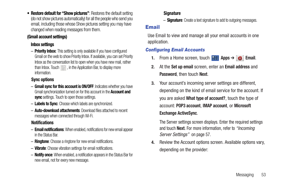 Email, Inbox. for more information, refer to, K. for more information, refer to “email | Samsung Galaxy Tab 8.9 User Manual | Page 57 / 188