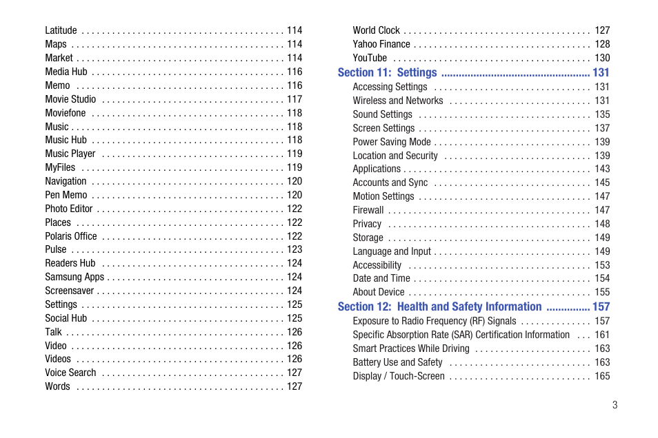 Section 11: settings 131, Section 12: health and safety information 157 | Samsung Galaxy Tab 8.9 User Manual | Page 7 / 188