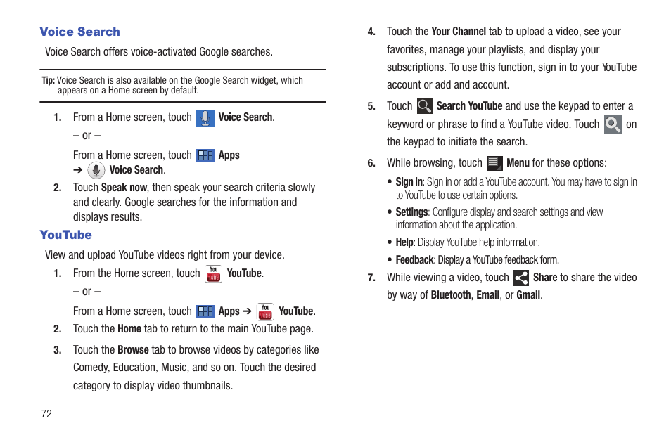 Voice search, Youtube, Voice search youtube | Eos. for more information, T. for more information, refer to “youtube | Samsung Galaxy Tab 8.9 User Manual | Page 76 / 188