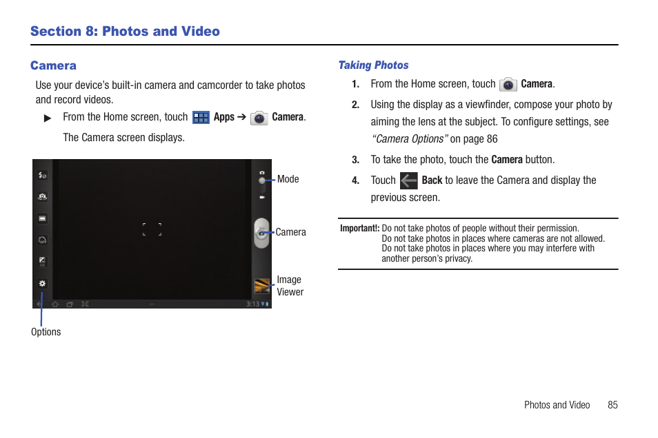 Section 8: photos and video, Camera, Rd videos. for more | Samsung Galaxy Tab 8.9 User Manual | Page 89 / 188