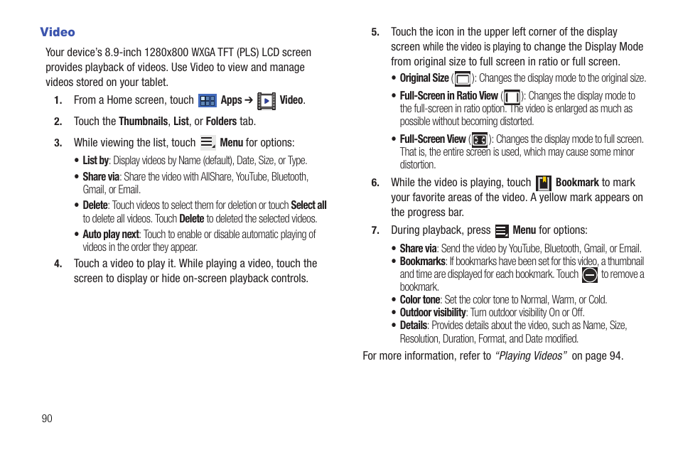 Video | Samsung Galaxy Tab 8.9 User Manual | Page 94 / 188