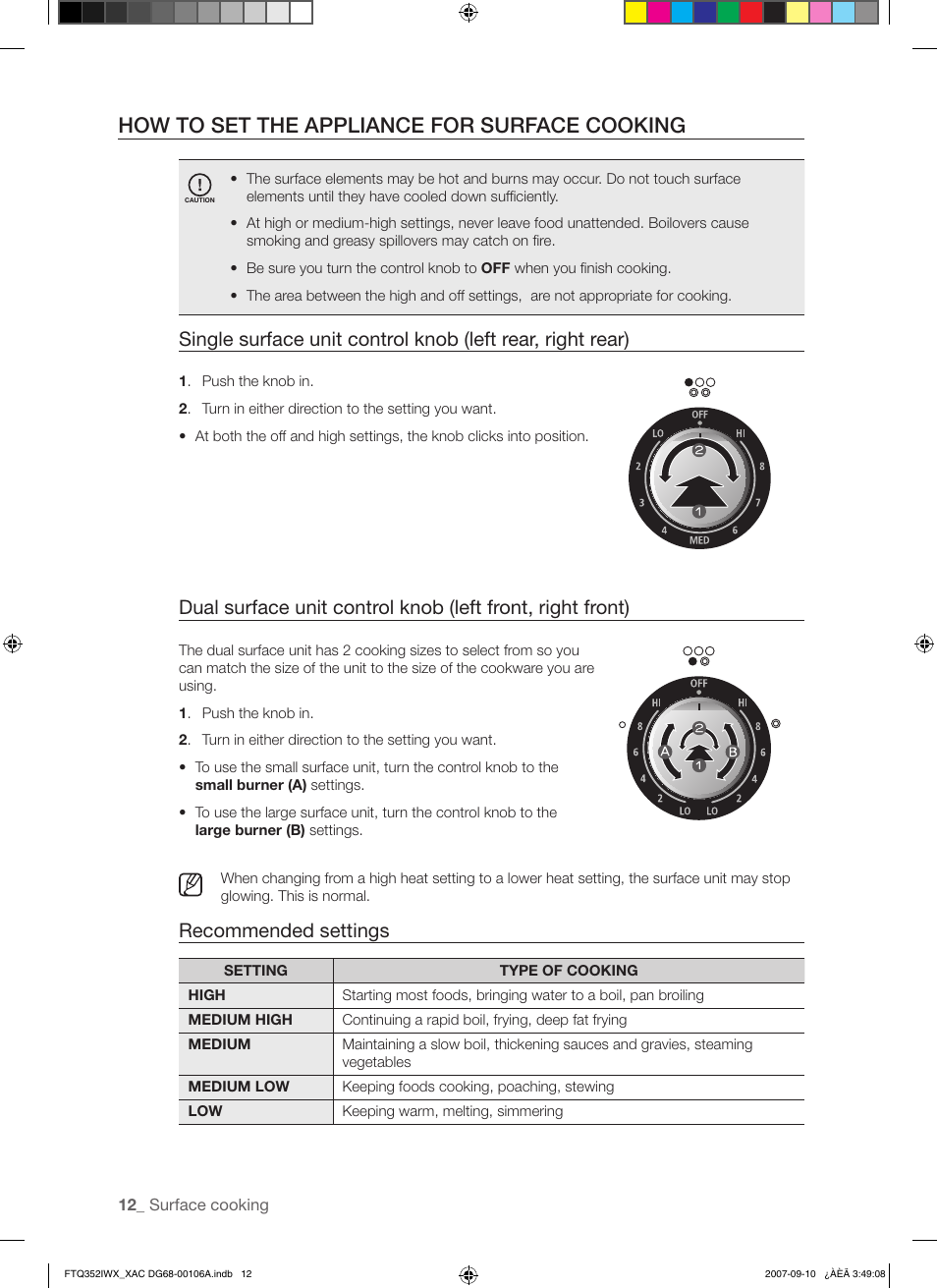 How to set the appliance for surface cooking, Recommended settings | Samsung FTQ352IWW User Manual | Page 12 / 56