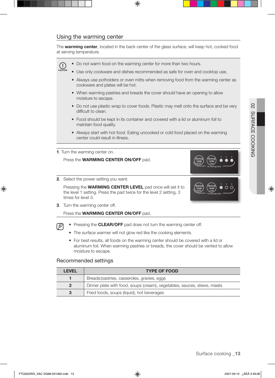 Using the warming center | Samsung FTQ352IWW User Manual | Page 13 / 56