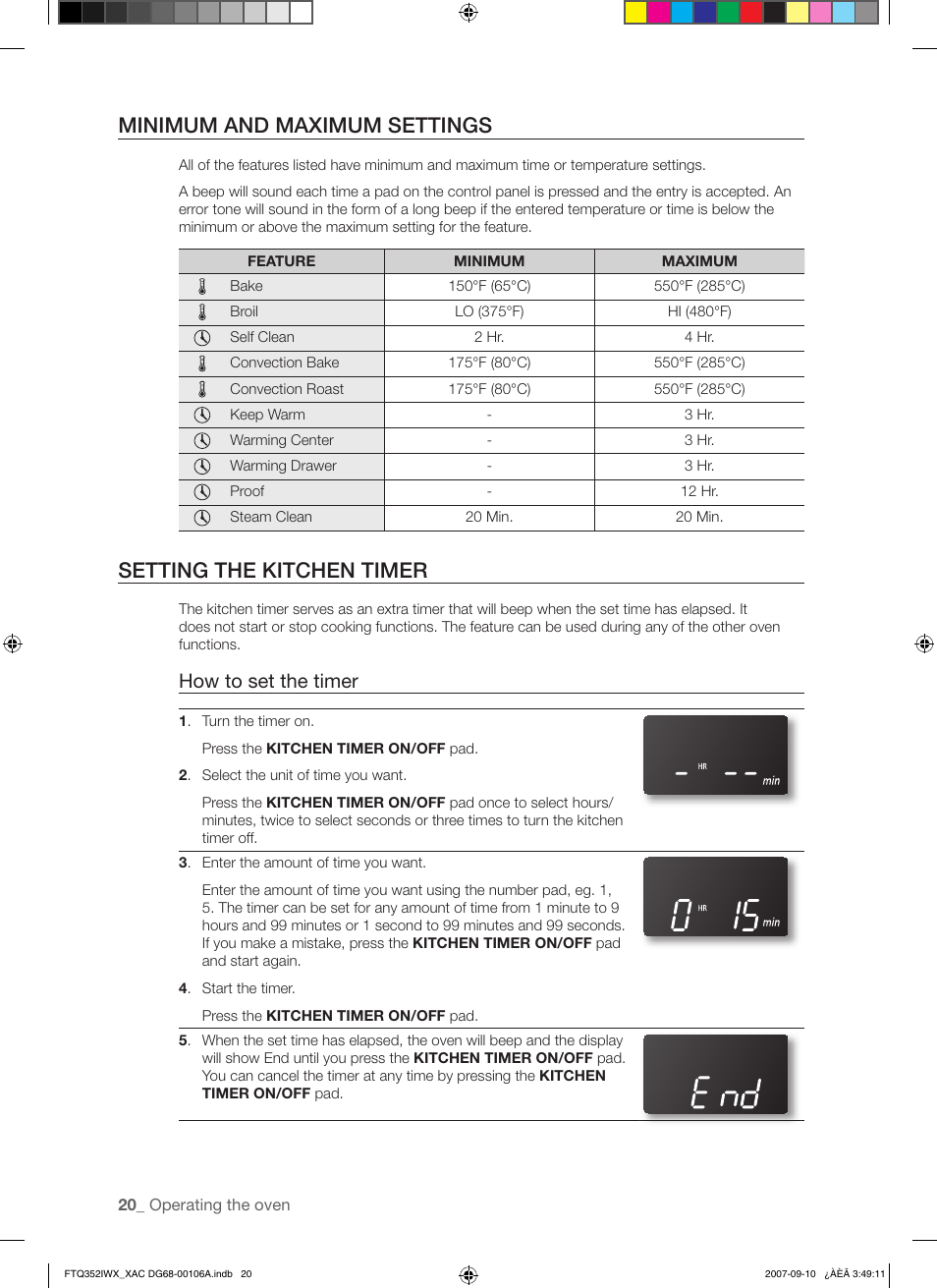 Minimum and maximum settings, Setting the kitchen timer, How to set the timer | Samsung FTQ352IWW User Manual | Page 20 / 56