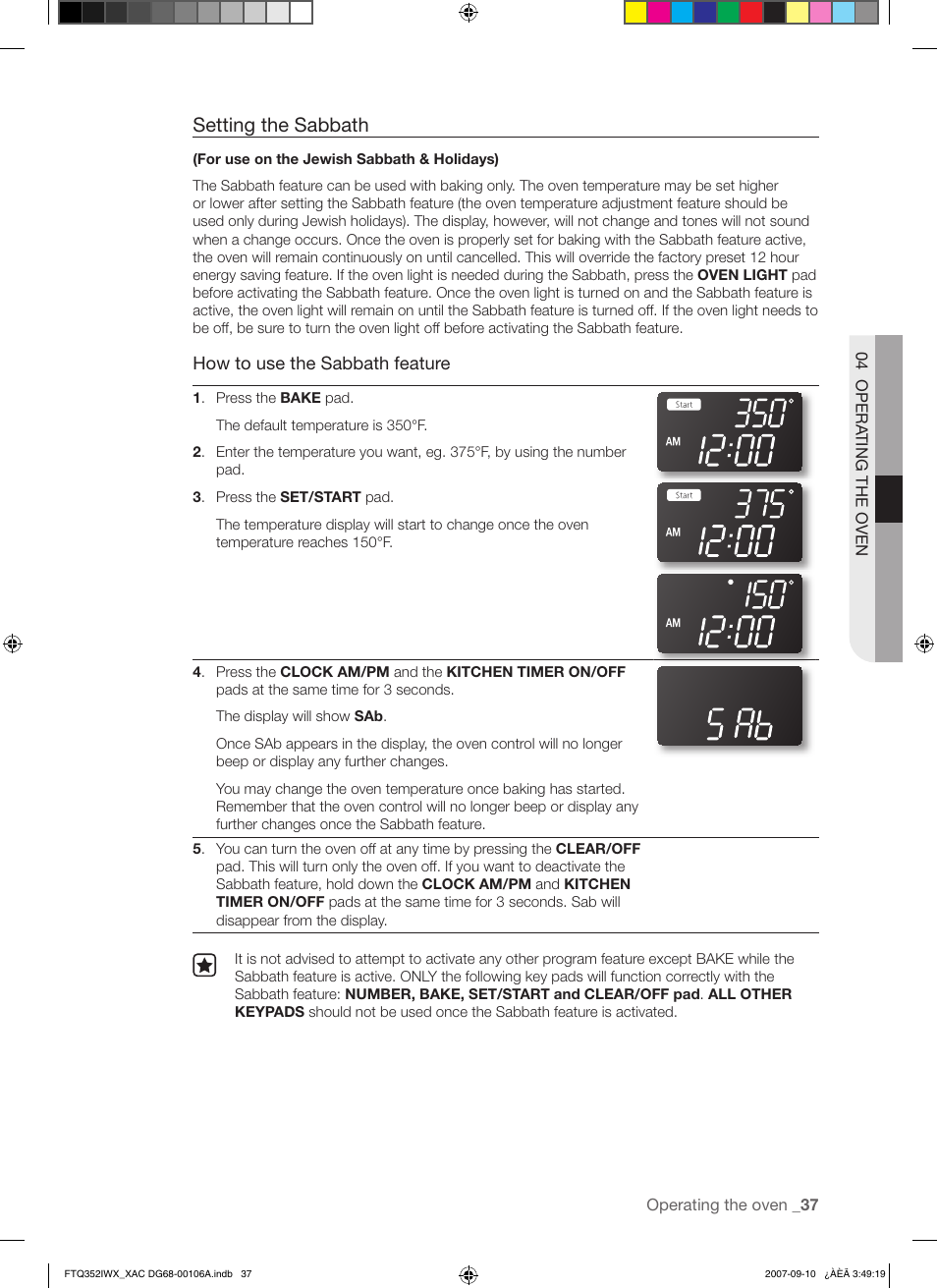 Setting the sabbath | Samsung FTQ352IWW User Manual | Page 37 / 56