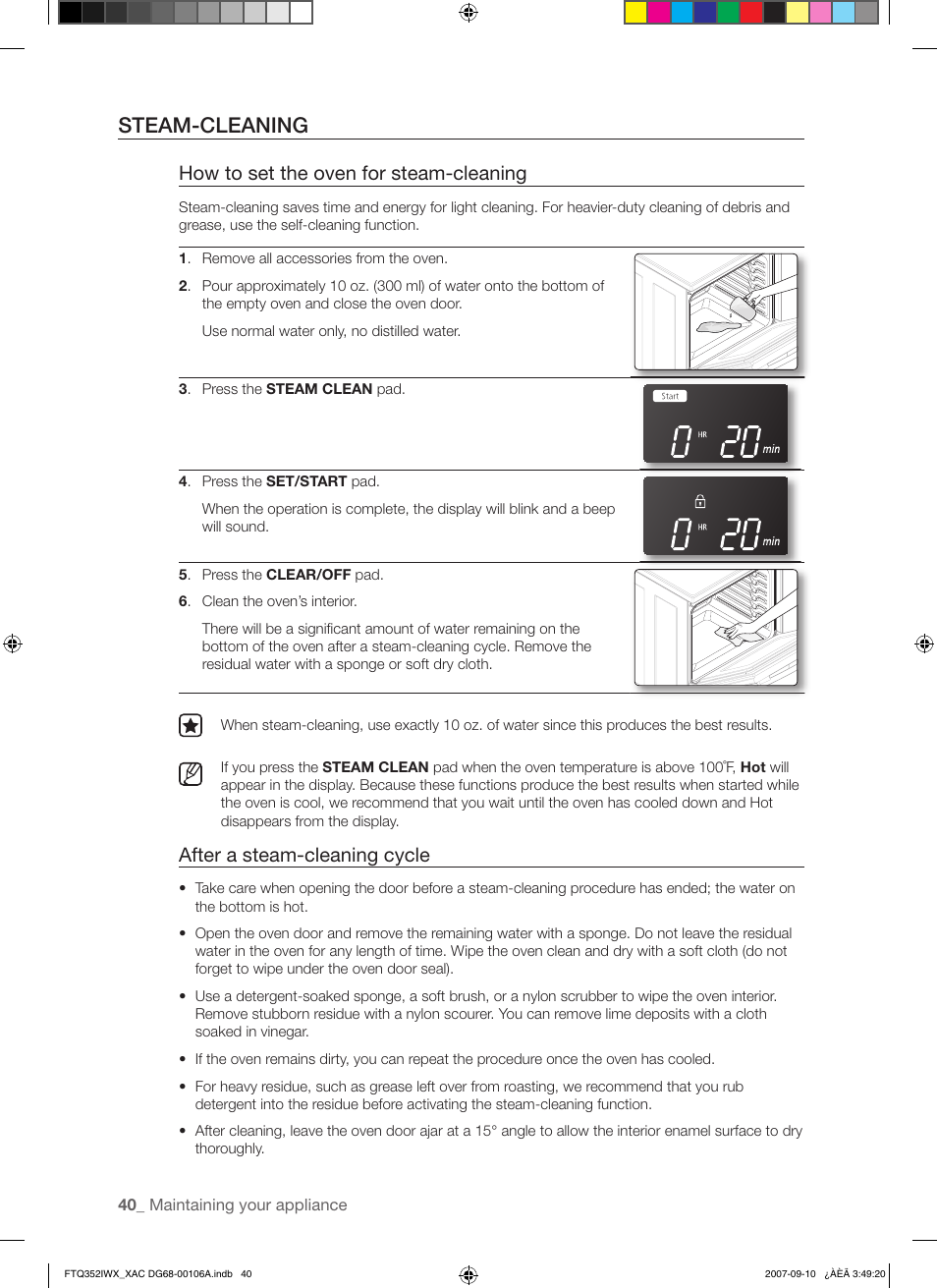 Steam-cleaning, How to set the oven for steam-cleaning, After a steam-cleaning cycle | Samsung FTQ352IWW User Manual | Page 40 / 56