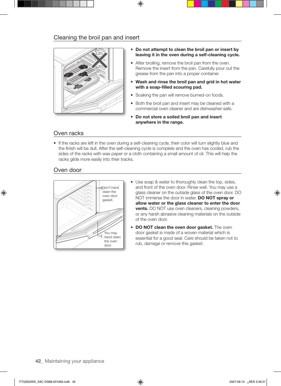 Cleaning the broil pan and insert, Oven racks, Oven door | Samsung FTQ352IWW User Manual | Page 42 / 56