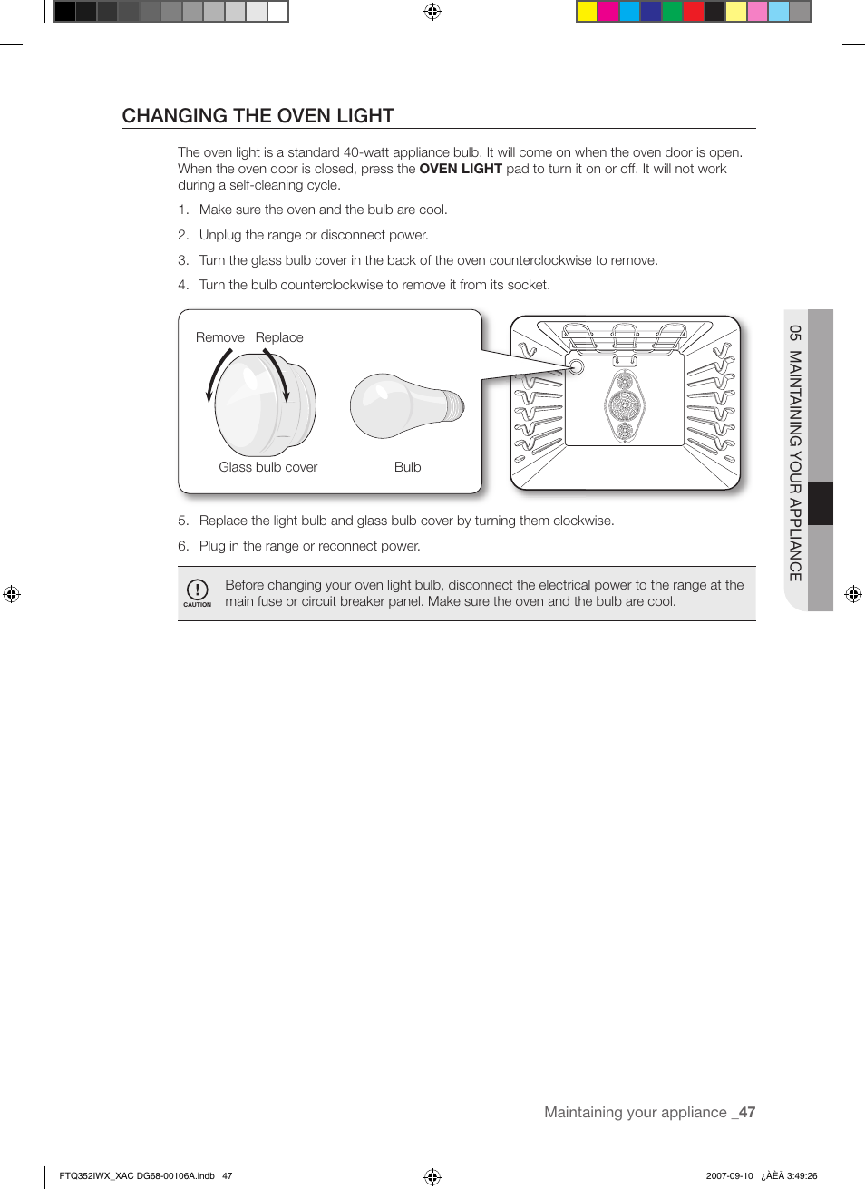 Changing the oven light | Samsung FTQ352IWW User Manual | Page 47 / 56