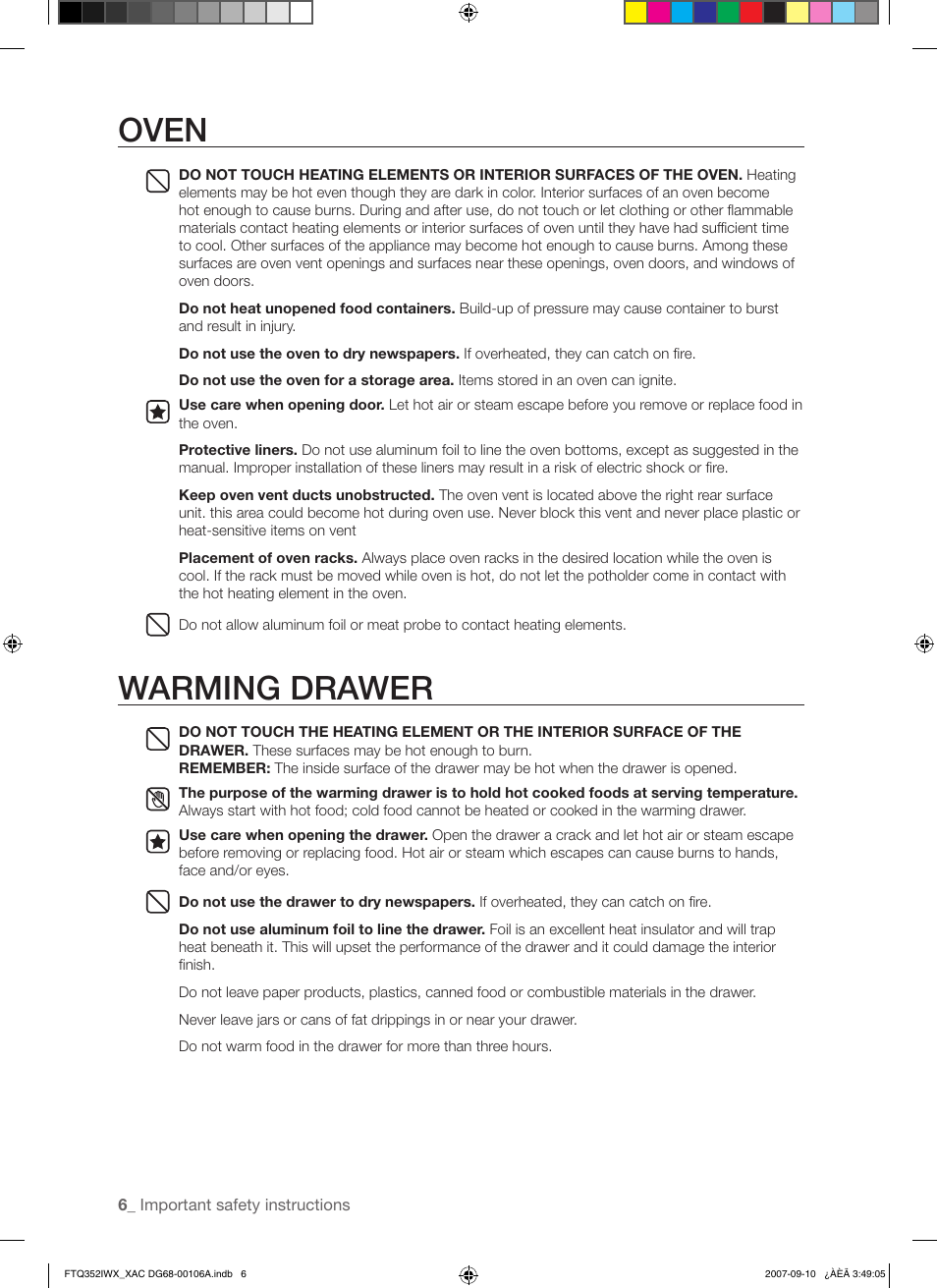 Oven, Warming drawer | Samsung FTQ352IWW User Manual | Page 6 / 56