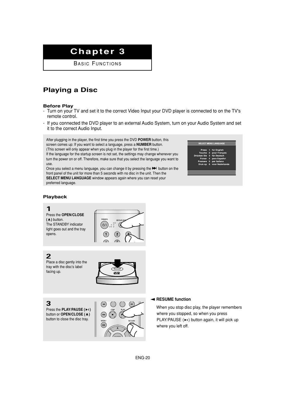 Chapter 3 basic functions, Playing a disc | Samsung DVD-HD870C User Manual | Page 20 / 62