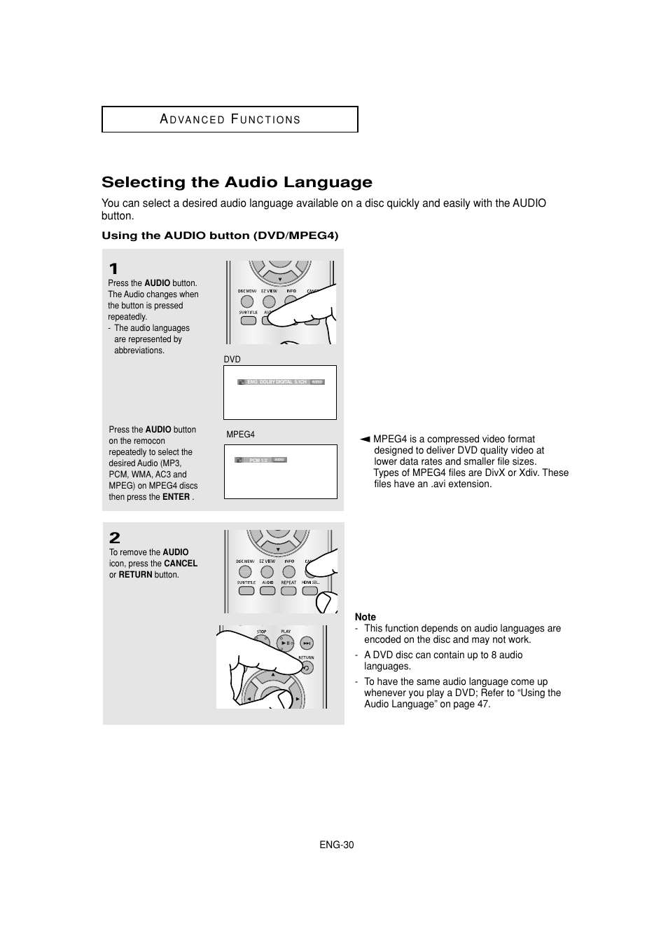 Selecting the audio language | Samsung DVD-HD870C User Manual | Page 30 / 62