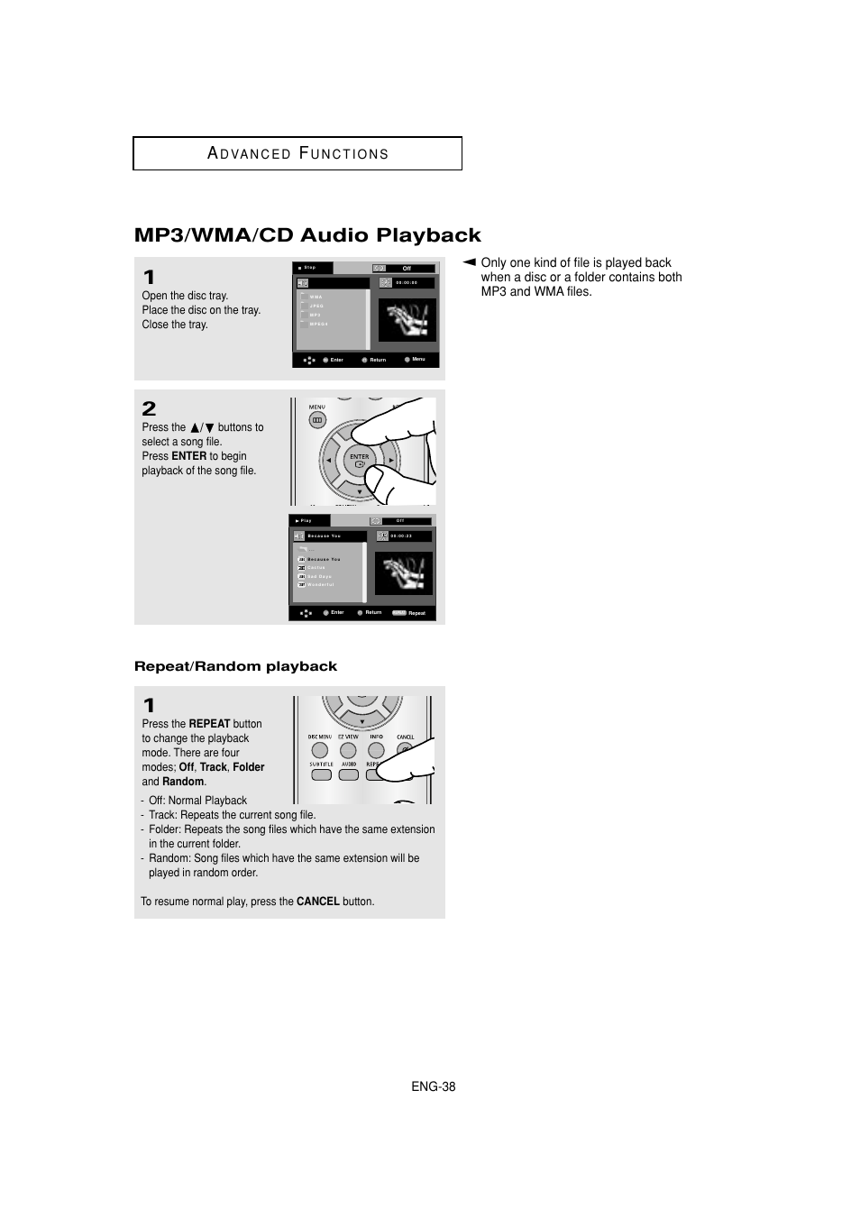 Mp3/wma/cd audio playback, Eng-38, Repeat/random playback | Samsung DVD-HD870C User Manual | Page 38 / 62