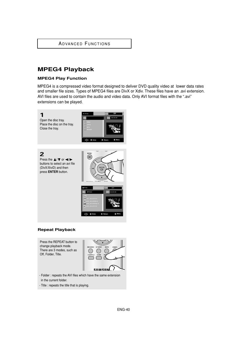 Mpeg4 playback, Eng-40, Mpeg4 play function | Repeat playback | Samsung DVD-HD870C User Manual | Page 40 / 62