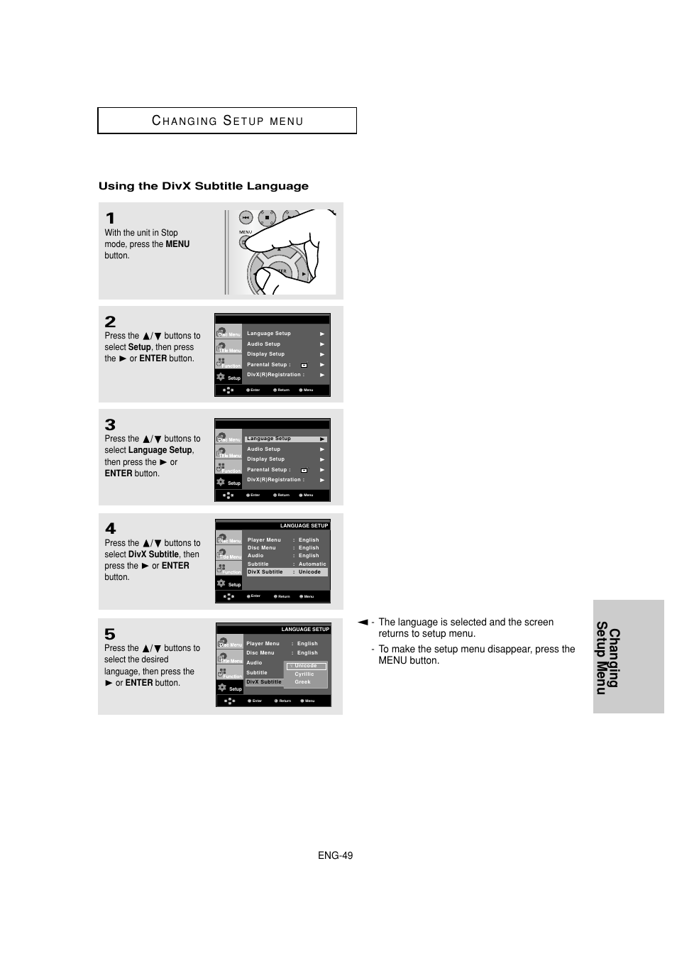 Changing setup menu c, Eng-49 | Samsung DVD-HD870C User Manual | Page 49 / 62