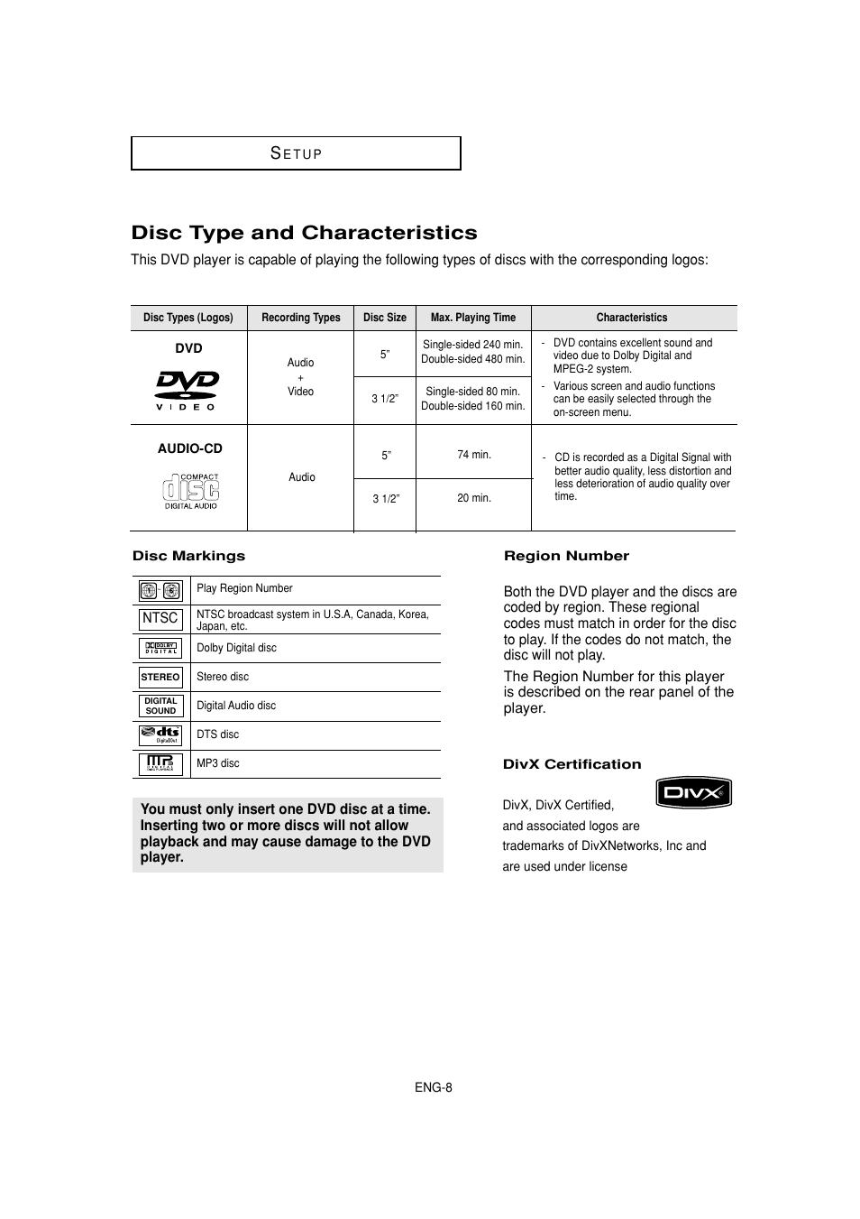 Disc type and characteristics | Samsung DVD-HD870C User Manual | Page 8 / 62