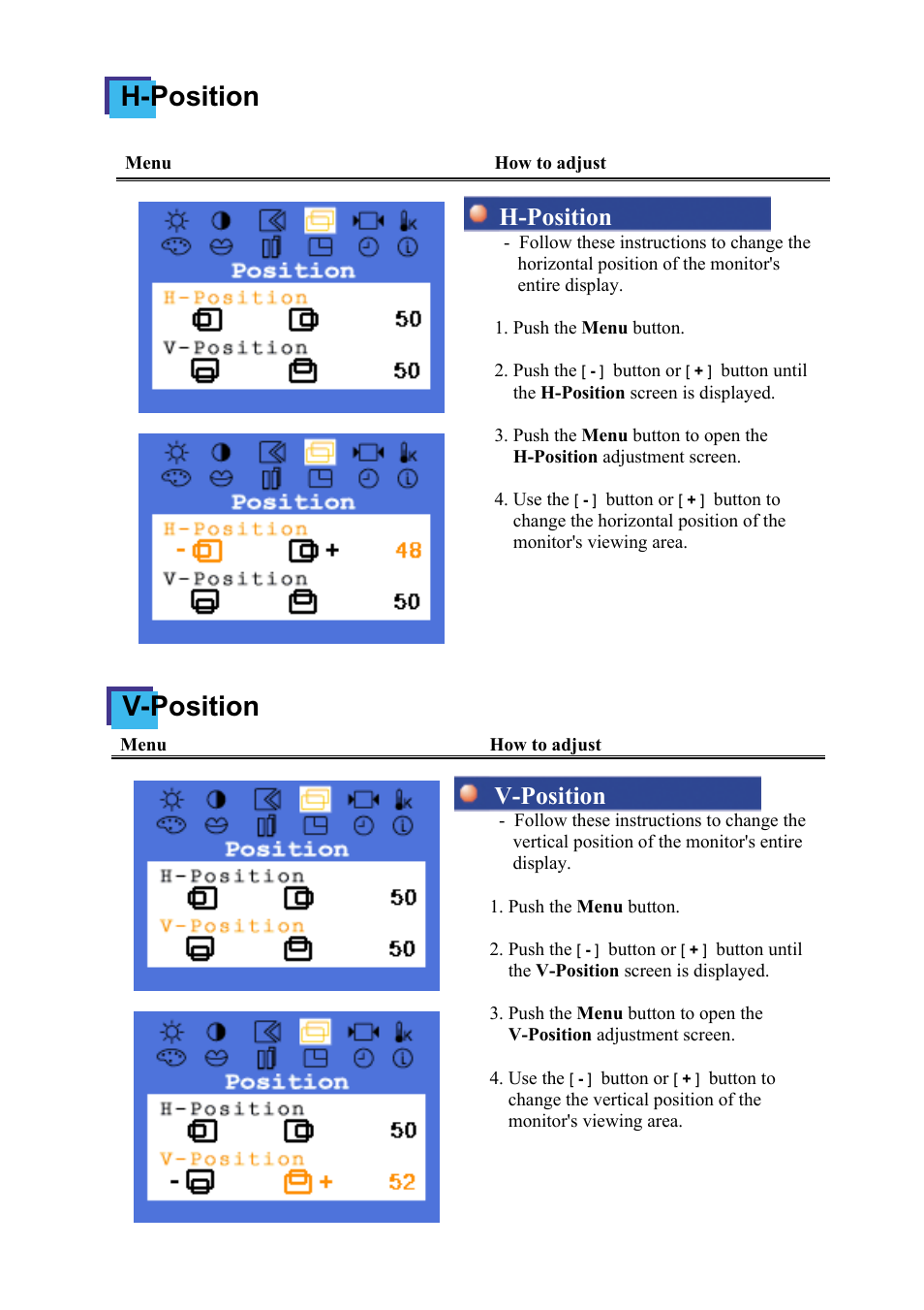 H-position v-position, H-position, V-position | Samsung 174T User Manual | Page 34 / 80