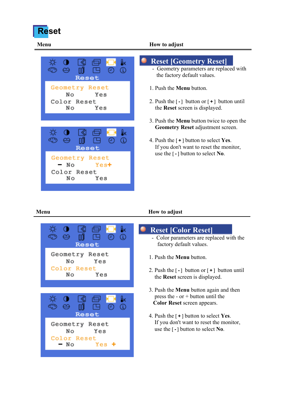 Reset, Reset [geometry reset, Reset [color reset | Samsung 174T User Manual | Page 35 / 80