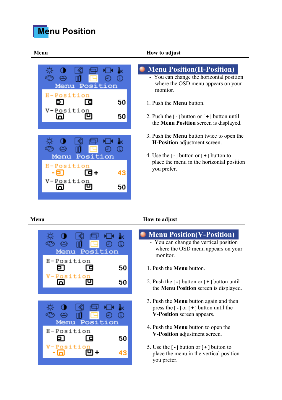 Menu position, Menu position(h-position), Menu position(v-position) | Samsung 174T User Manual | Page 38 / 80
