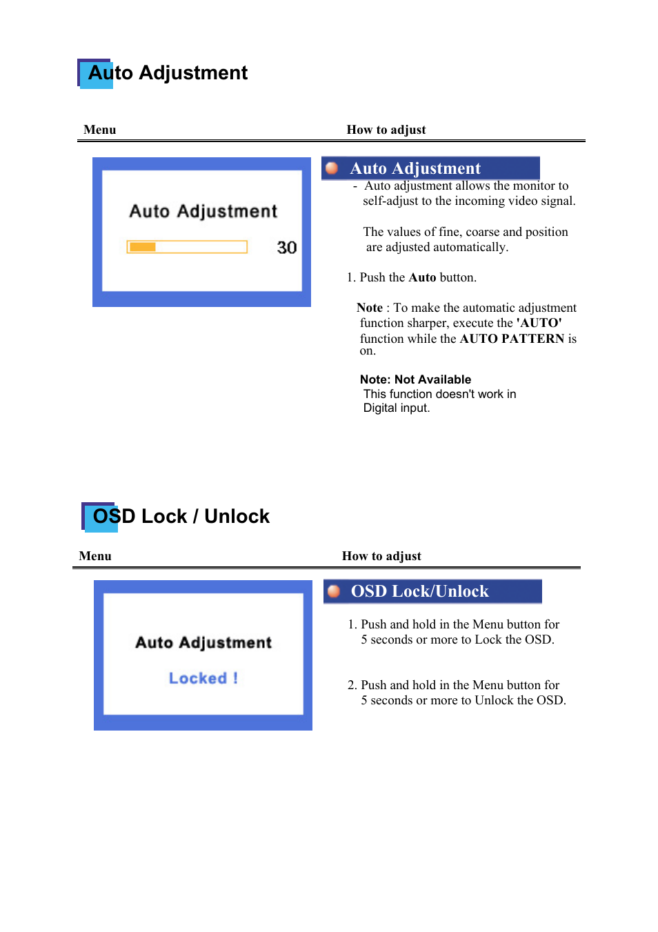 Osd lock / unlock auto adjustment, Auto adjustment, Osd lock/unlock | Samsung 174T User Manual | Page 40 / 80