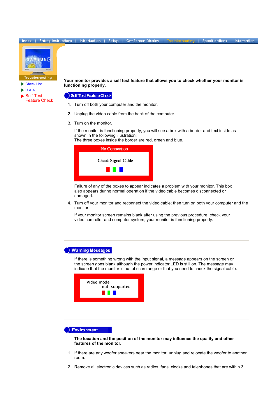Self-test feature check, Specifications | Samsung 174T User Manual | Page 48 / 80