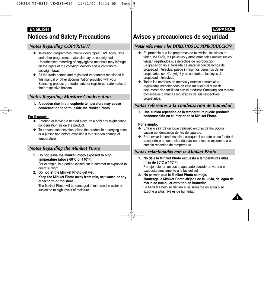 Avisos y precauciones de seguridad, Notices and safety precautions | Samsung VP - MS15(R) User Manual | Page 10 / 158