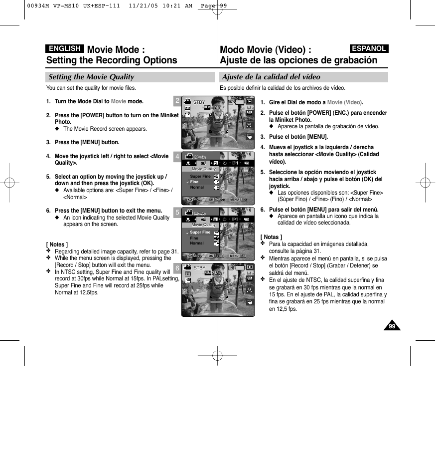 Movie mode : setting the recording options, Ajuste de la calidad del vídeo, Setting the movie quality | English español | Samsung VP - MS15(R) User Manual | Page 100 / 158