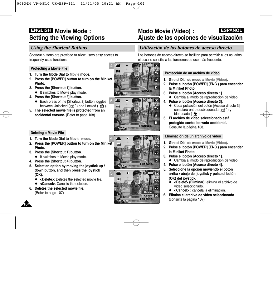 Movie mode : setting the viewing options, Utilización de los botones de acceso directo, Using the shortcut buttons | Samsung VP - MS15(R) User Manual | Page 105 / 158