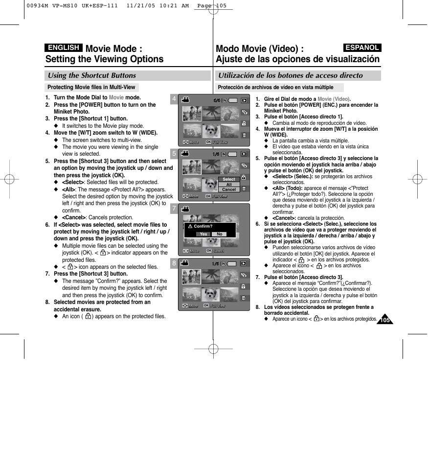 Movie mode : setting the viewing options, Utilización de los botones de acceso directo, Using the shortcut buttons | Español, English | Samsung VP - MS15(R) User Manual | Page 106 / 158