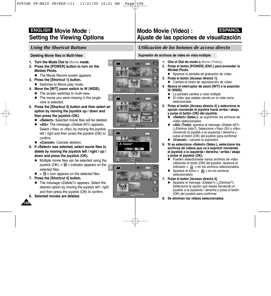 Movie mode : setting the viewing options, Utilización de los botones de acceso directo, Using the shortcut buttons | Español english | Samsung VP - MS15(R) User Manual | Page 107 / 158
