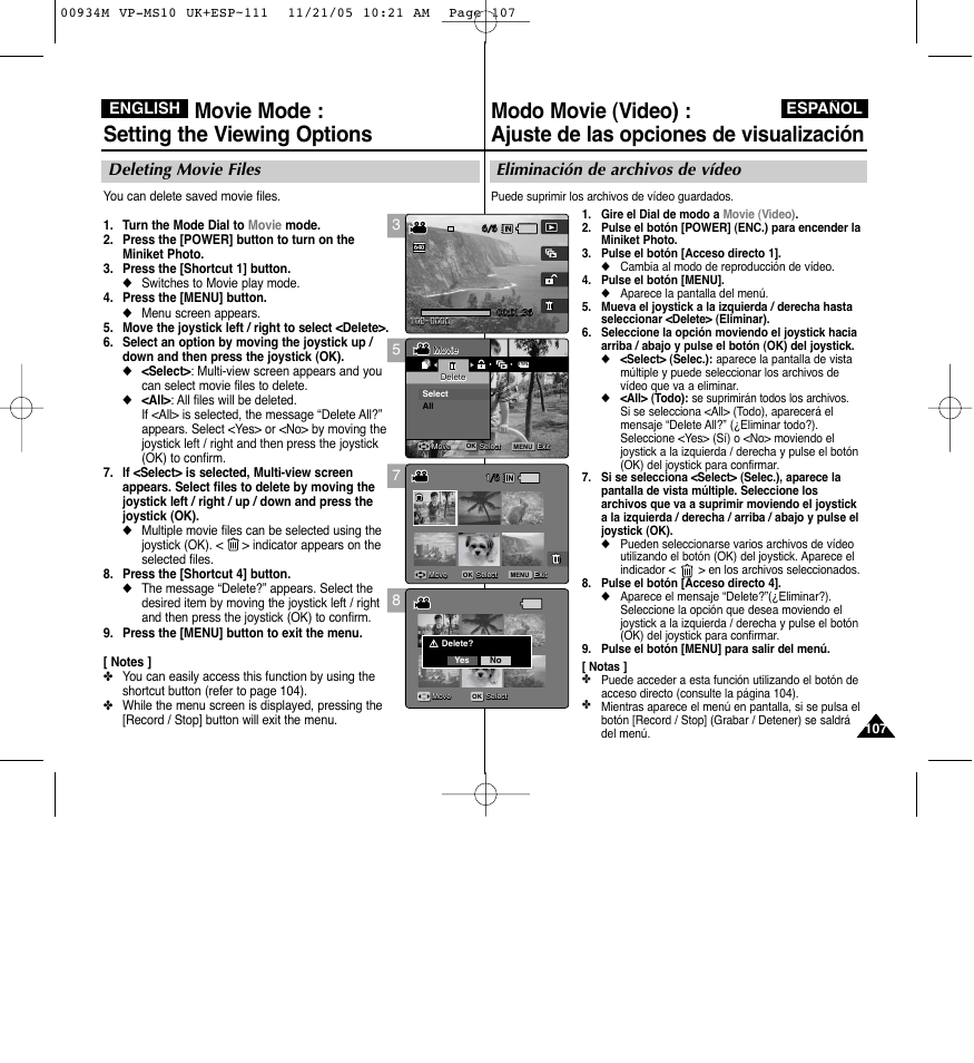 Movie mode : setting the viewing options, Eliminación de archivos de vídeo, Deleting movie files | English español | Samsung VP - MS15(R) User Manual | Page 108 / 158