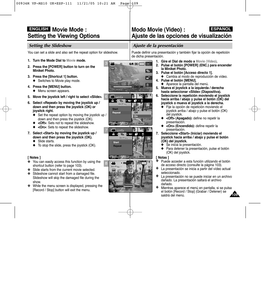 Movie mode : setting the viewing options, Ajuste de la presentación, Setting the slideshow | English español | Samsung VP - MS15(R) User Manual | Page 110 / 158
