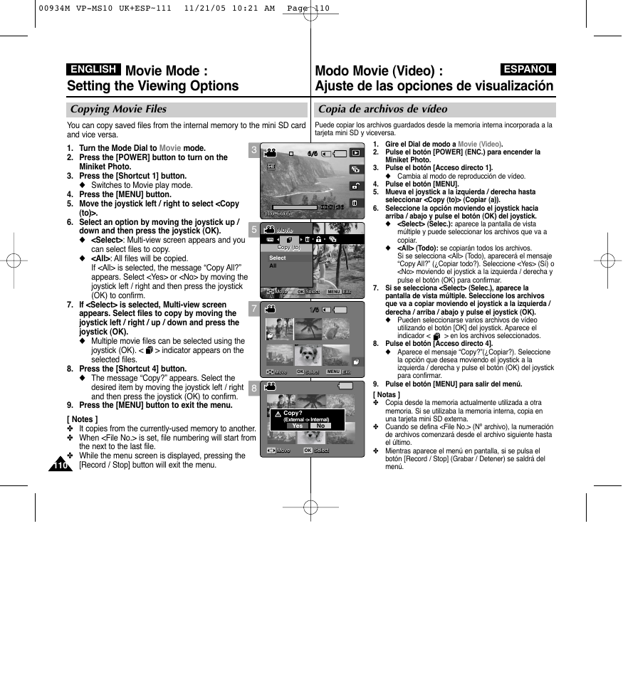 Movie mode : setting the viewing options, Copia de archivos de vídeo, Copying movie files | Español english | Samsung VP - MS15(R) User Manual | Page 111 / 158