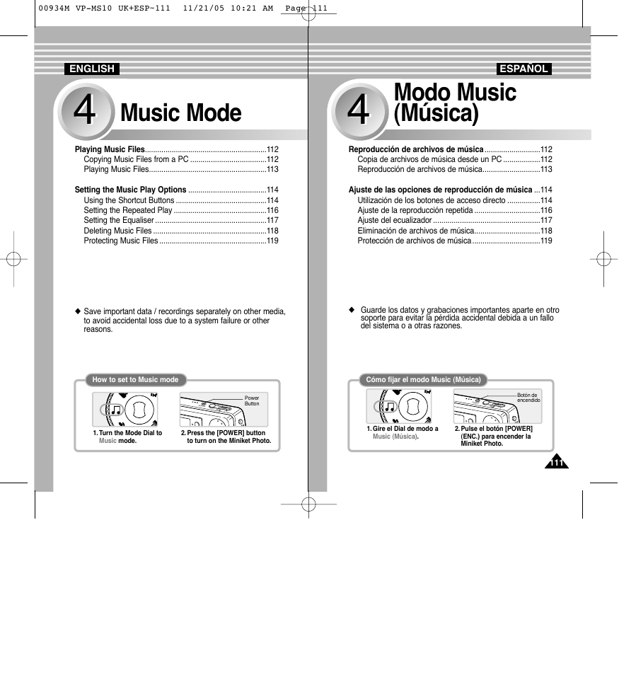 Music mode, Modo music (música) | Samsung VP - MS15(R) User Manual | Page 112 / 158