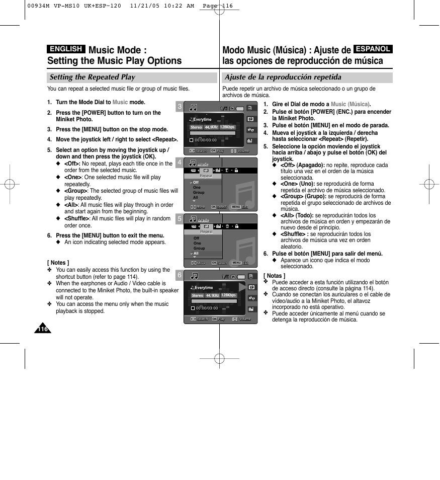 Music mode : setting the music play options, Ajuste de la reproducción repetida, Setting the repeated play | English español | Samsung VP - MS15(R) User Manual | Page 117 / 158