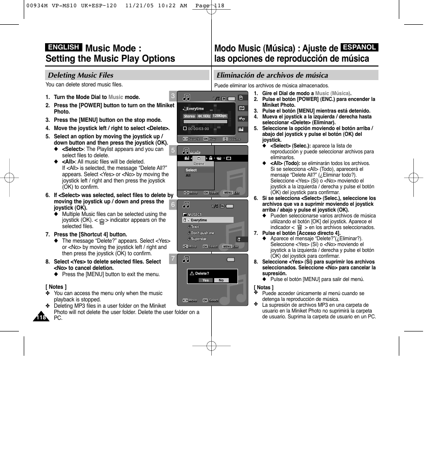 Music mode : setting the music play options, Eliminación de archivos de música, Deleting music files | English español | Samsung VP - MS15(R) User Manual | Page 119 / 158