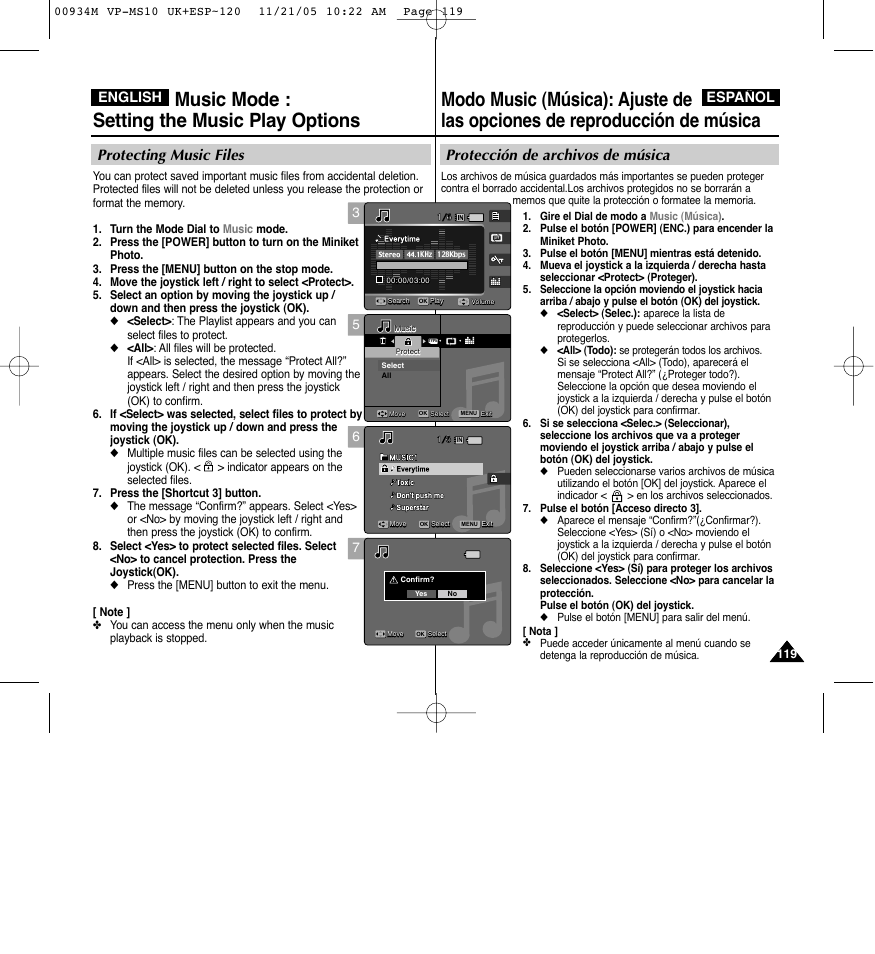 Music mode : setting the music play options, Protección de archivos de música, Protecting music files | Español, English | Samsung VP - MS15(R) User Manual | Page 120 / 158